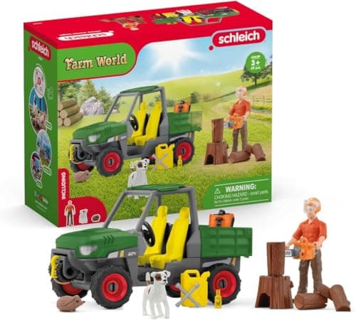 Image of SCHLEICH Farm World - Working in The Forest Playset with Action Figure, Dog Figurine, Tractor Toy and Accessories - Imaginative Play Set for Kids Ages 3+
