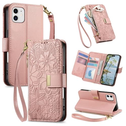 Image of VEEMOS Phone Case for Apple iPhone 12 / iPhone 12 Pro Case with Zip Wallet Purse Card Holder Slot Embossed Flower Design Folding Flip Cover Leather Stand Lanyard Wrist Strap Women - Pink
