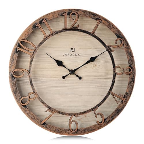 Image of Lafocuse 12 Inch Rustic Brown Wall Clock, Silent Farmhouse Kitchen Clocks Battery Operated, Vintage Bronze Clock with 3D Easy to Read Numerals for Living Room Bedroom