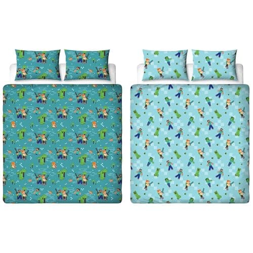 Image of Minecraft Officially Licensed Movie Double Duvet Cover Set | Reversible Level Up Duvet Cover Set 2 Sided Includes Matching Pillowcases | Double Set