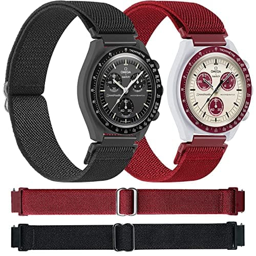 Image of [2 Pack]Miimall for OMEGA × Swatch Bioceramic MoonSwatch Strap, Flexible Nylon Wristband for Men & Women Breathable Lightweight Elastic Replacement Watch Band for Bioceramic MoonSwatch-Black+Wine Red