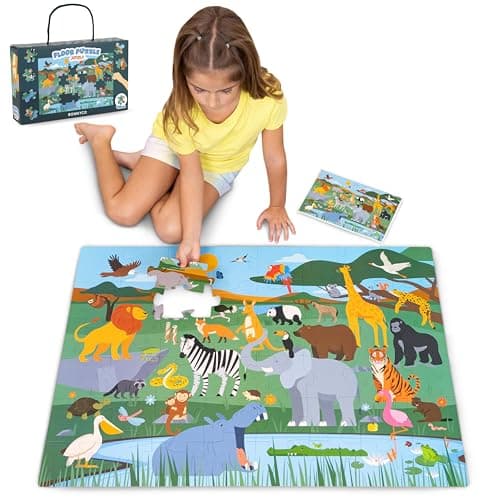 Image of BONNYCO Giant Floor Puzzle of Jungle Animals with 48 Large Pieces. Safari Jigsaw Puzzles for Kids 36.2 x 24.4 in, Gifts for Boys and Girls, Educational Toys Ages 2-8
