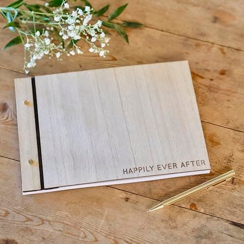 Image of Ginger Ray Wooden 'Happily Ever After' Wedding Guest Book with 32 Blank Pages