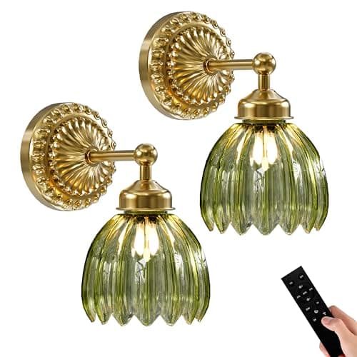 Image of Luxcolyn Vintage Rechargeable Wall Lights with Green Tulip Glass Lampshade, Battery Wall Light with Remote, Cordless LED Sconce Lamp Non Hard Wired for Indoor Living Room, Bedroom (Set of 2)
