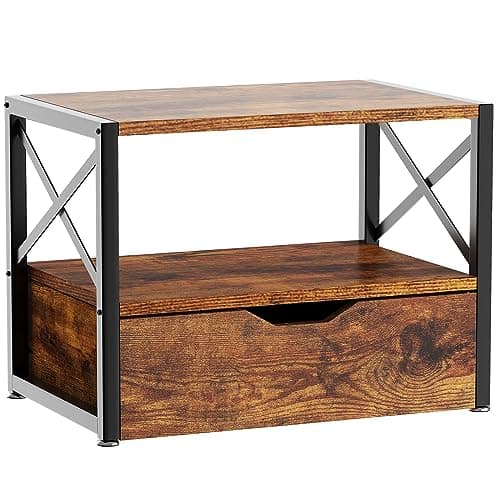Image of IBUYKE 2 Tier Desktop Printer Stand,Multi-Purpose Desk Organizer,Wooden Printer Stand with Drawer Storage for Folders,Books,for Fax Machine, Scanner,Home Office,Rustic Brown TLJ006H