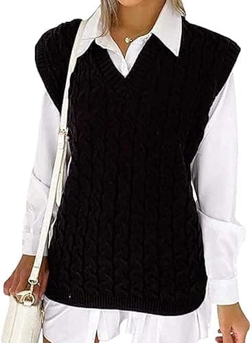 Image of BESTITALIANUK Ladies Cable Knit Sleeveless Vest Women's Knitted Jumper Tank Top Winter Chunky Sweaters (Black, 20-22)