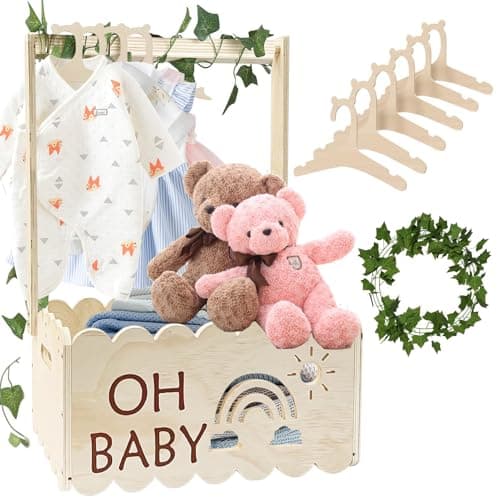 Image of Twshiny Baby Shower Crate, Wooden Baby Shower Hamper Basket Baby Shower Clothes Rack with Hangers Baby Gifts for New Born Baby Girl Boy (Rainbow)