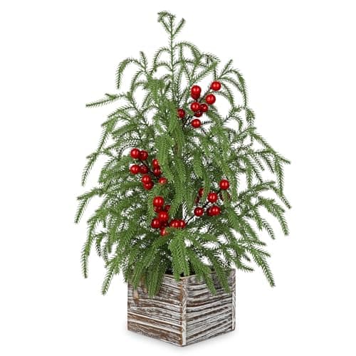 Image of Briful Artificial Christmas Tree with Red Berries 23.6’’ Tall, Tabletop Xmas Pine Tree with Rustic Wooden Base, Mini Faux Cedar Potted Tree for Home Office Desk Holiday Decor, Winter Table Centerpiece
