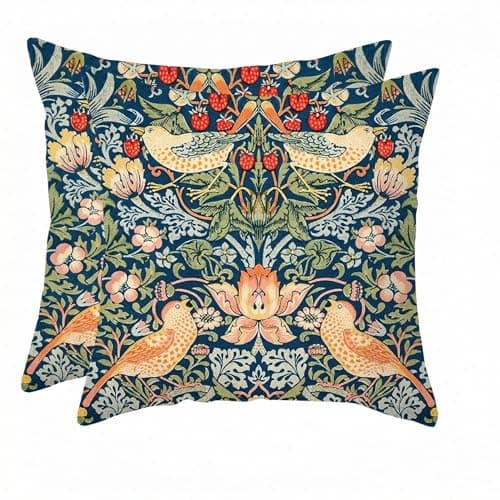 Image of Comforso William Morris 'Strawberry Thief' Cushion Covers Set of 2,45x45cm Double Sided Pattern Floral Throw Pillow Cases,Home Decor for Sofa,Couch or Bench