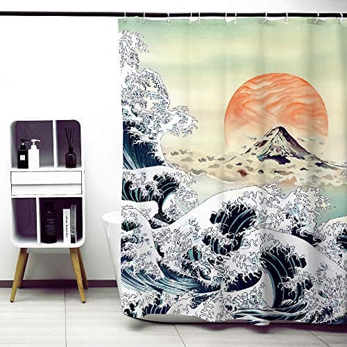 Image of Obal Great Wave Off Kanagawa Shower Curtain, Ukiyo-E Japanese Style Bathroom Curtains Water Resistant Mould Free Polyester Heavy Weight Bath Accessory With 12 Curtain Hooks Washable, 180cm * 180cm