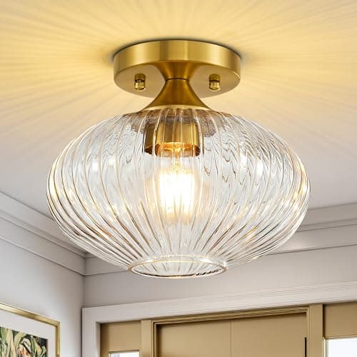 Image of Actask Ceiling Lights, 9.45'' Gold Chandeliers Ceiling Light, 1-Light Semi Flush Ceiling Lighting Fixture with Clear Striped Glass Shade for for Hallway Bedroom Kitchen Dining Room