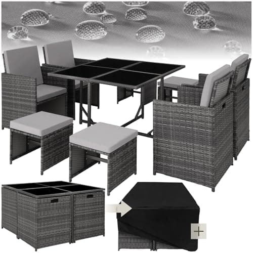 Image of tectake® Polyrattan Garden Furniture Set with Aluminium Base, Including 4 Dining Chairs, 1 Table, 4 Stools, Foldable Garden Lounge Set, For Up To 8 People, Patio Furniture - grey