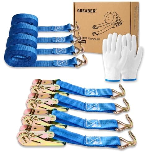 Image of Ratchet Straps (4-Pack), with 1x Work Gloves, 1000kg Break Strength, 5m x 2.5cm Heavy Duty Tie Down Strap Set with Metal Hooks for Trucks,Moving,Motorcycles,Trailer,Cargo (Blue)