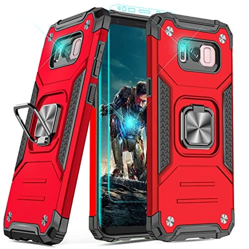 Image of YmhxcY Compatible with Galaxy S8 Case, Samsung S8 Case with 3D Curved Screen Protector,Armor Grade Cases with Rotating Holder Kickstand Non-Slip Hybrid Case For Samsung Galaxy S8 KK Red
