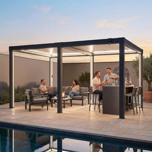 Image of SUNJOY Louvred Pergola with Solar LED Lights, 3 x 4 m All-Weather Aluminium Hardtop Gazebo, Manual Crank Adjustable Roof, Integrated Drainage, Wind & Snow Resistant Outdoor Shelter