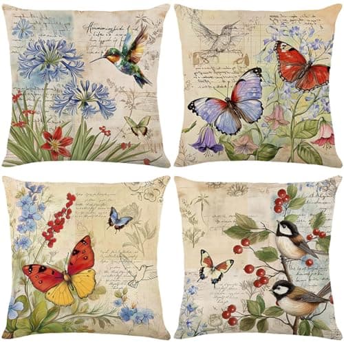 Image of BREASOME Cushion Covers 45 x 45 cm Set of 4 Floral and Birds Butterfly Cushion Covers Soft Decorative Square Throw Pillow Cases for Sofa Couch Bedroom Living Room