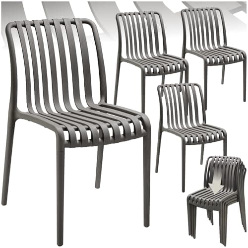 Image of tectake® Set of 4 Garden Chairs in Light, Airy Design, Outdoor Chairs in Weather-Resistant Plastic with Slatted, Curved Seat, Stackable Garden Chair Set for Backyard, Patio, Balcony - Anthracite