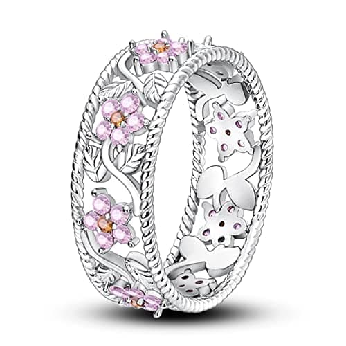 Image of Hapour 925 Sterling Silver Women Rings with Pink Flower Cubic Zirconia, Stackable Eternity Rings Statement Rings for Women