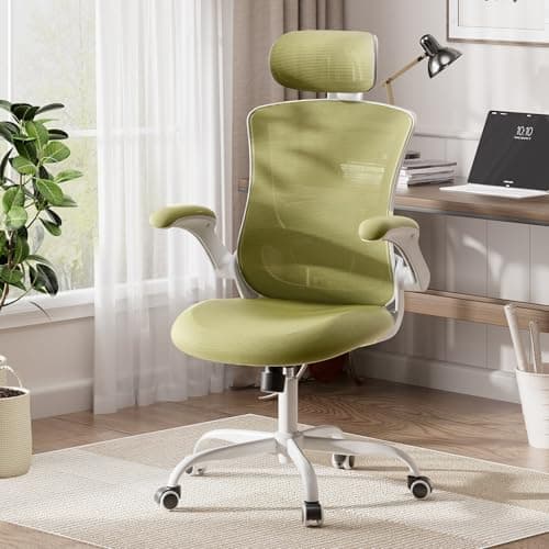 Image of COLAMY Ergonomic Office Chair with Lumbar Support, Mesh Desk Chair with Adjustable Headrest, Computer Chair with Flip-up Armrest, Adjustable Seat Height and Tilt Function for Home Office Study, Green