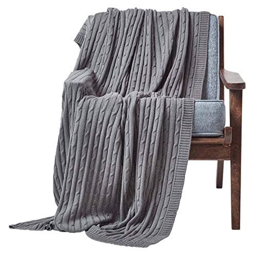 Image of HOMESCAPES Large Grey Cable Knit Throw 150 x 200 cm Combed Cotton Soft and Cosy Blanket Bed and Sofa Throw For Small Sofas and Double Beds