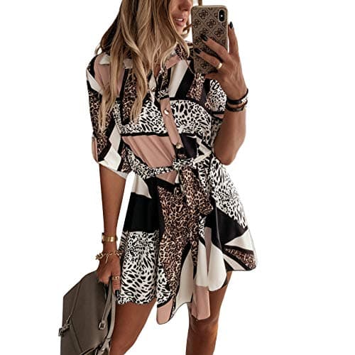 Image of Loalirando Women's Dress Long Sleeves Leopard Printed Elegant Shirt Button with Belt Office Casual Ceremony Wear Summer Dress (Multicolour, L)