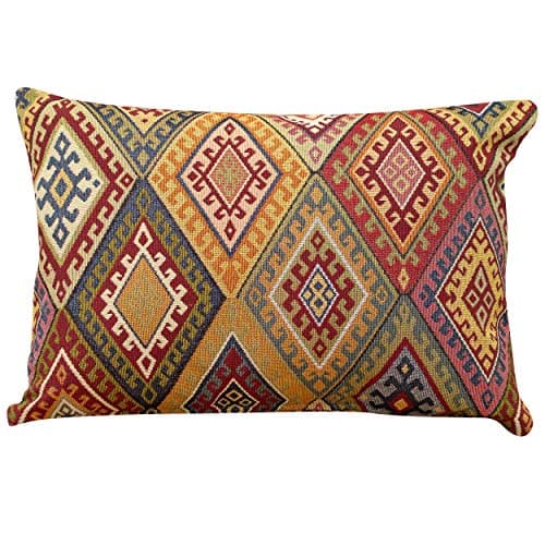 Image of Linen Loft Traditional Kilim Style Boudoir Cushion Cover. 17x12 Rectangle. Classic Vintage Turkish Style Woven Geometric Tapestry Diamond Pattern.