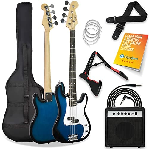 Image of 3rd Avenue Full Size 4/4 Electric Bass Guitar Beginner Pack Kit with 15W Amplifier, Bag, Cable, Strap, Stand and Spare Strings – Blue