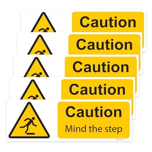 Image of RDLCAR Mind The Step Safety Signs Pack of 5 100mm x 300mm Durable Hazard Warning Stickers Easy to Install Self Adhesive Design