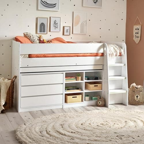 Image of Julian Bowen Vespa Midsleeper - Kid's Bed with Pull Out Desk and Storage Shelves, Ideal for Children's Bedroom (116 x 196 x 97cm) - White