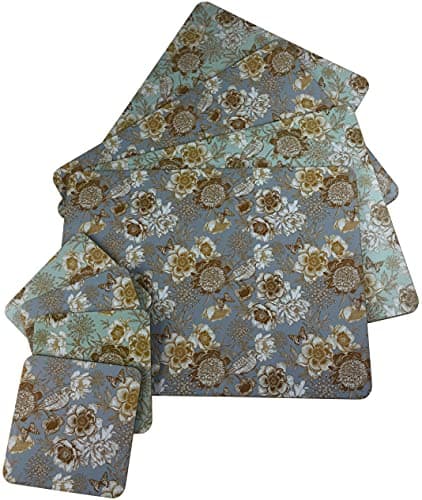 Image of LP Set Of 4 Songbird Duck Egg Blue Gold Floral Dinner Place Mats And Coasters