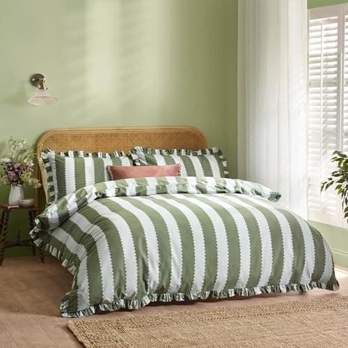 Image of furn. Wylder Birdie Stripe Duvet Cover Set – Reversible Ruffled Cotton Rich Striped Bedding (Baygreen/Mist - King)