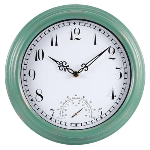 Image of Veyera Outdoor Garden Clock, Waterproof Vintage Wall Clock with Thermometer, 12 Inch/30cm Outdoor Clocks for the Garden, Patio, Porch, Indoor Bathroom