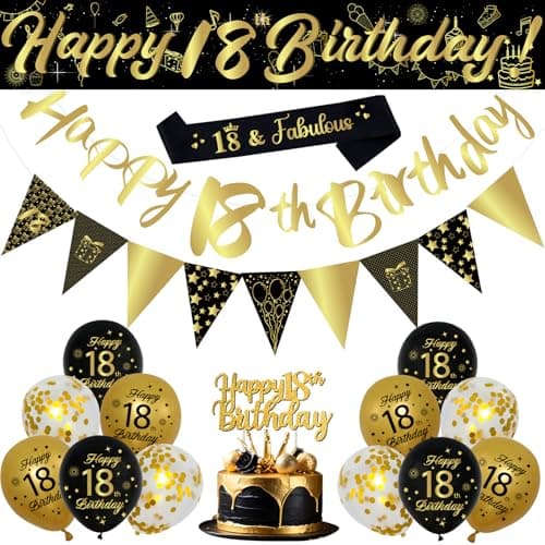 Image of 18th Birthday Decorations Set, 18Pcs Black and Gold Birthday Party Supplies with Happy 18th Birthday Banner, Triangle Flags, Sash, Black Gold Balloons Kit for Boys and Girls 18th Birthday Party