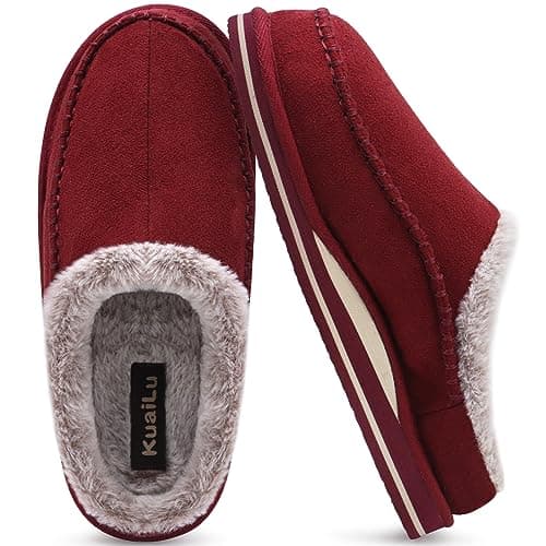 Image of KuaiLu Mens Momery Foam Clog Slippers Comfy Handmade Stitch Microsuede Slip-on House Shoes With Arch Support Warm Faux Fur Lined Rubber Sole Indoor Outdoor Red Size 10
