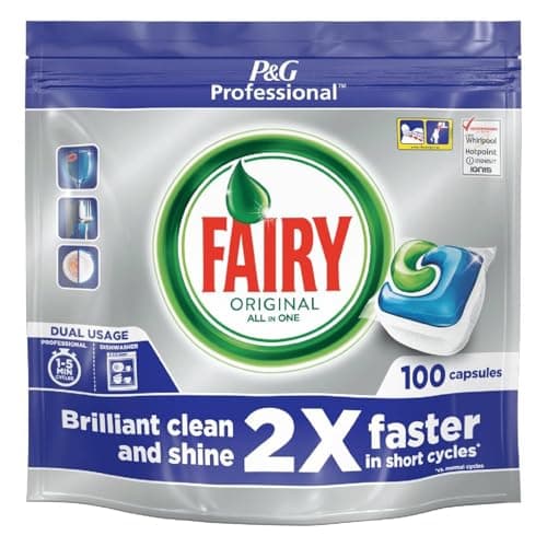 Image of Fairy Original All-In-1 Dishwasher Tablets, Regular, 100 Capsules, Bulk Pack, Tough Stain Removal with Built-In Salt and Rinse Aid Action