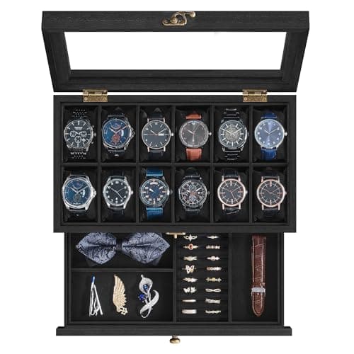 Image of SONGMICS Watch Box with 12 Slots, 2-Tier Wood Watch Case with Large Glass Lid, Watch Pillows, Velvet Lining, Jewellery Box, Gift for Loved Ones, Ink Black JOW012B02