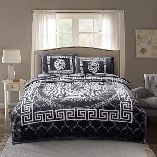 Image of StylemyBedroom 2 PLY Thick Warm Heavy Double/King Winter Blanket Throw, Greek & Floral design (Grey White, 200cm x 240cm)