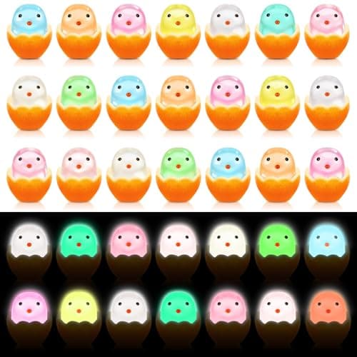 Image of JUNEBRUSHS 50 Pcs Easter Mini Chicks, Glow in The Dark Resin Chicken Figurines Luminous Shelled Chicken Egg Miniature for Easter Party Favors Basket Filler Home Decor Dollhouse Landscape