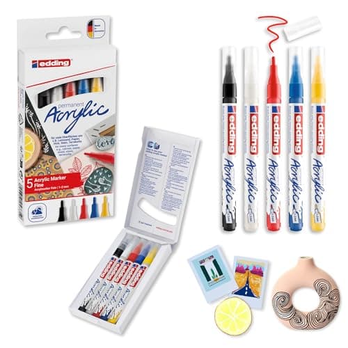 Image of edding 5300 acrylic marker fine - multicolour - set of 5 acrylic paint markers - fine round nib 1-2mm - acrylic paint pens for drawing on canvas, art paper, wood, pebbles and stone