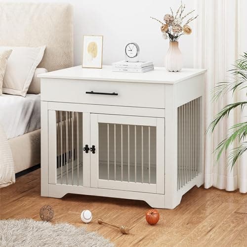 Image of The Fellie Dog Crate Furniture, Wooden Pet Kennel with Drawer Storage, Lockable Indoor Dog Crate, Medium Dog House Furniture 2 Doors, Wood Animal Crates Table for Small Dogs, 80 * 58 * 75CM, White