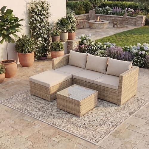 Image of Garden Vida Hampton 4 Seater Corner Rattan Seating Set | Natural | Complete Outdoor Garden Patio Furniture Set | Steel Frame & PE Wicker Construction | UKFR Certified, Weather Resistant, With Cushions