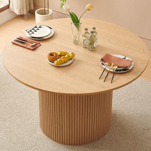 Image of NORDICANA 120cm Round Dining Table, Dining Table for 4-6 People, Farmhouse Style, Oak-colored MDF Wood Grain Tabletop, Striped Wooden Trim Table Legs, for Dining Room, Kitchen, Living Room
