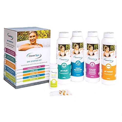 Image of CleverSpa Universal Spa Natural Chemical Outdoor Hot Tub Starter Kit with Stabilizing Granules, Foam Remover, pH Minus, pH Plus, & Dip Tests, (5 Pack)