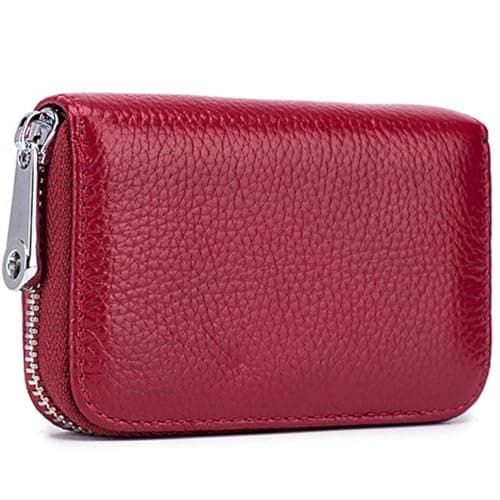 Image of Meowoo Credit Card Holder RFID Blocking Genuine Leather Mini Credit Card Wallet Purse with Zipper for Women Men(Redwine)