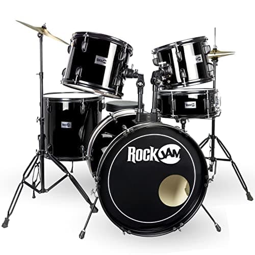 Image of Rockjam Full Sized Drum Kit With Five Drums, Two Cymbals, Drum Throne And Drumsticks - Black, RJFSDK01-BK