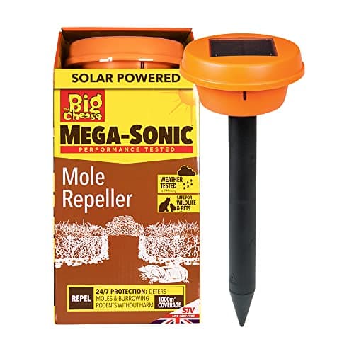 Image of The Big Cheese Hi-Vis Mega-Sonic Solar Mole Repeller Spike. Solar Powered Weather-Resistant Mole Deterrent for Continuous Protection of Lawn and Garden Areas, Orange