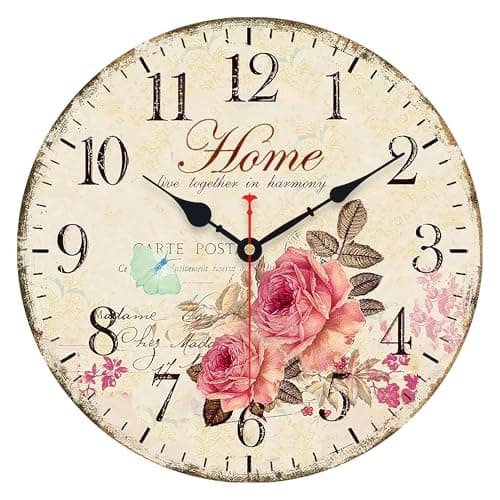 Image of VIKMARI 14 Inch Vintage Wall Clock Silent Non-Ticking Battery Operated Arabic Numeral Round Flowers Style Art Hanging Clocks Decorative for kitchen living room bedroom office