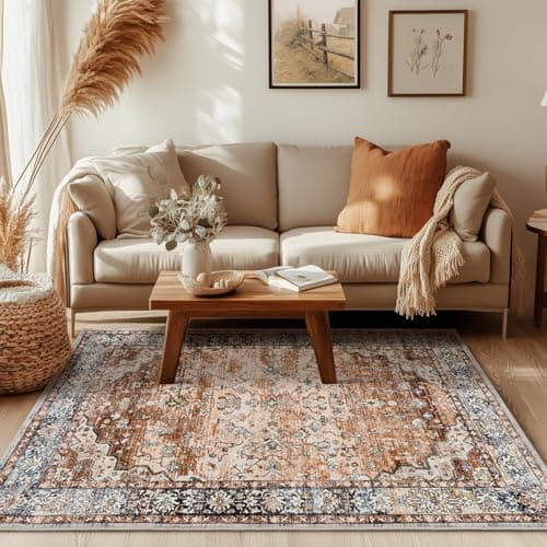 Image of Topfinel Washable Rugs for Living Room 120x170cm, Boho Vintage Rust Area Rug with Non-Slip Backing, Low Pile Rug for Bedroom, Lounge, Home Office