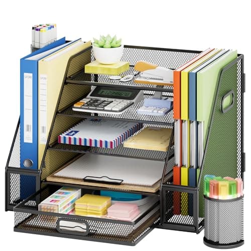 Image of Marbrasse Desk Organiser Tray,5-Tier Paper Letter Tray Organiser with Drawer,2 Pen Holders,Mesh Desktop Organizer Accessories Storage for Home Office Supplies(Black Bilateral Book Stand)