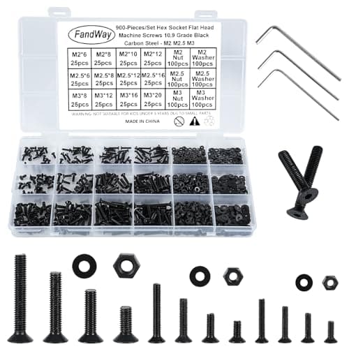 Image of FandWay 900Pcs Bolts and Nuts Set,M2 M2.5 M3 Countersunk Machine Screws,DIN 7991 Allen Screws,Flat Head Black Bolts and Washers Set 10.9 Grade Alloy Steel Fully Threaded With 3 Allen Key.